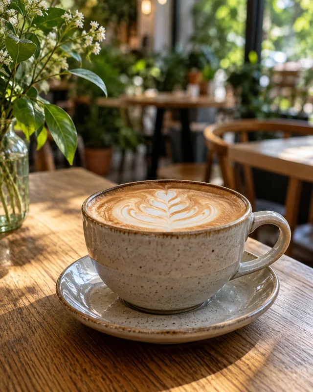 Cappuccino on a wooden café table, illustrating a fictional café website